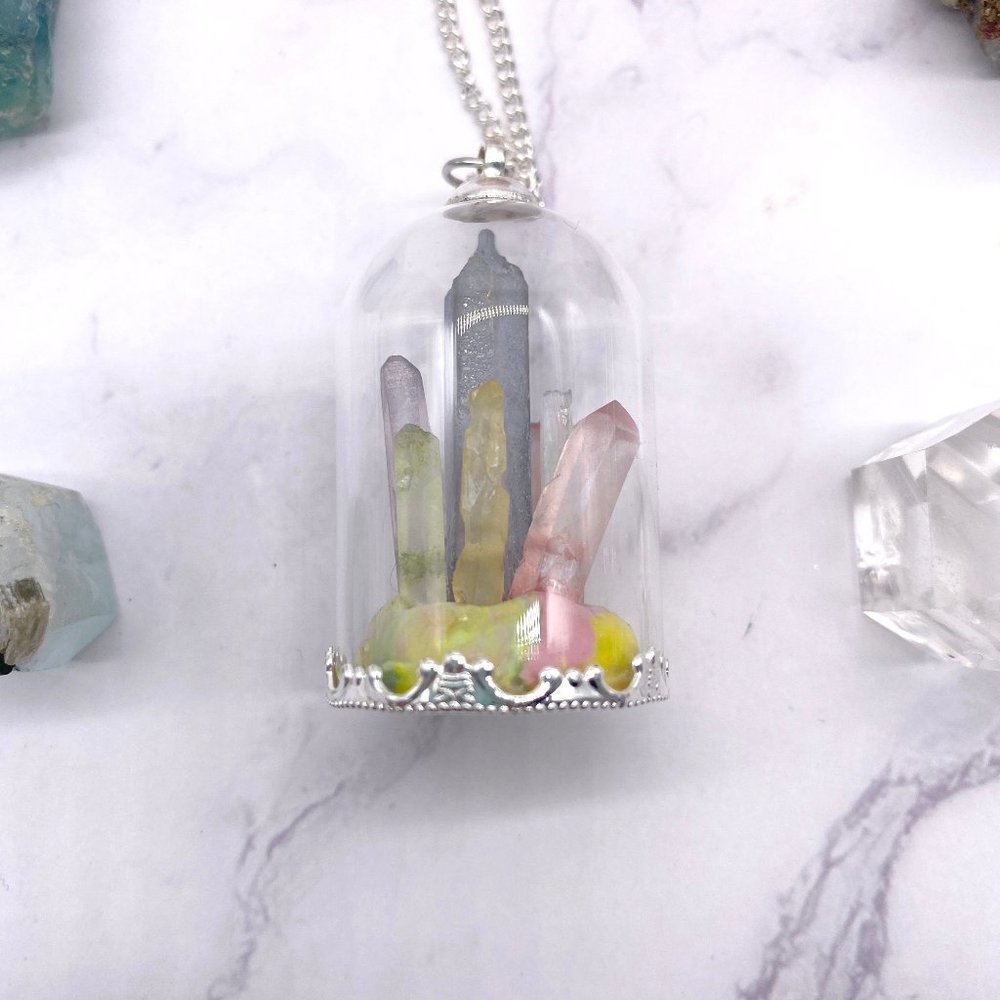 Hand Crafted Pink Yellow Green Crystal Dome Necklace